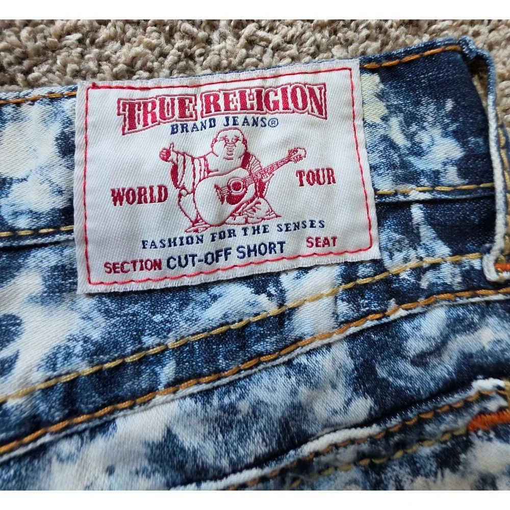 TRUE RELIGION Mens Acid Wash Cut Off Denim Shorts Bleach Splatter Size 31